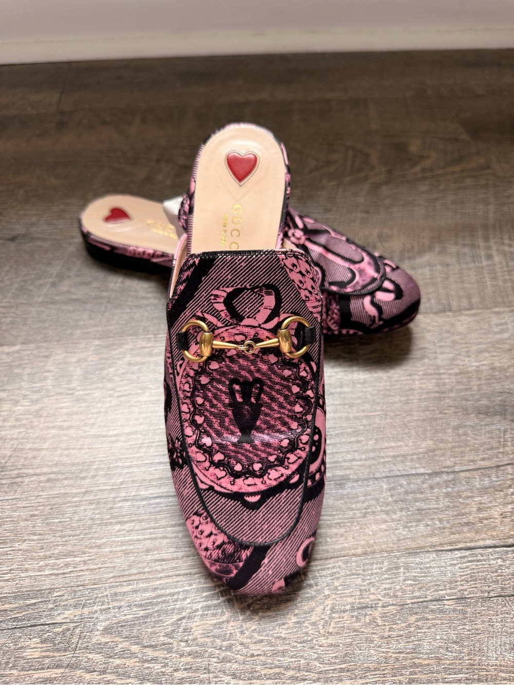 Gucci Pink and Black Printed Leather Horsebit Mules US7 EU37 - Picture 3 of 11